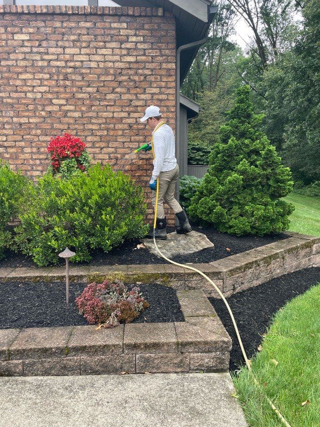 A man watering plants in the yard of his home.
